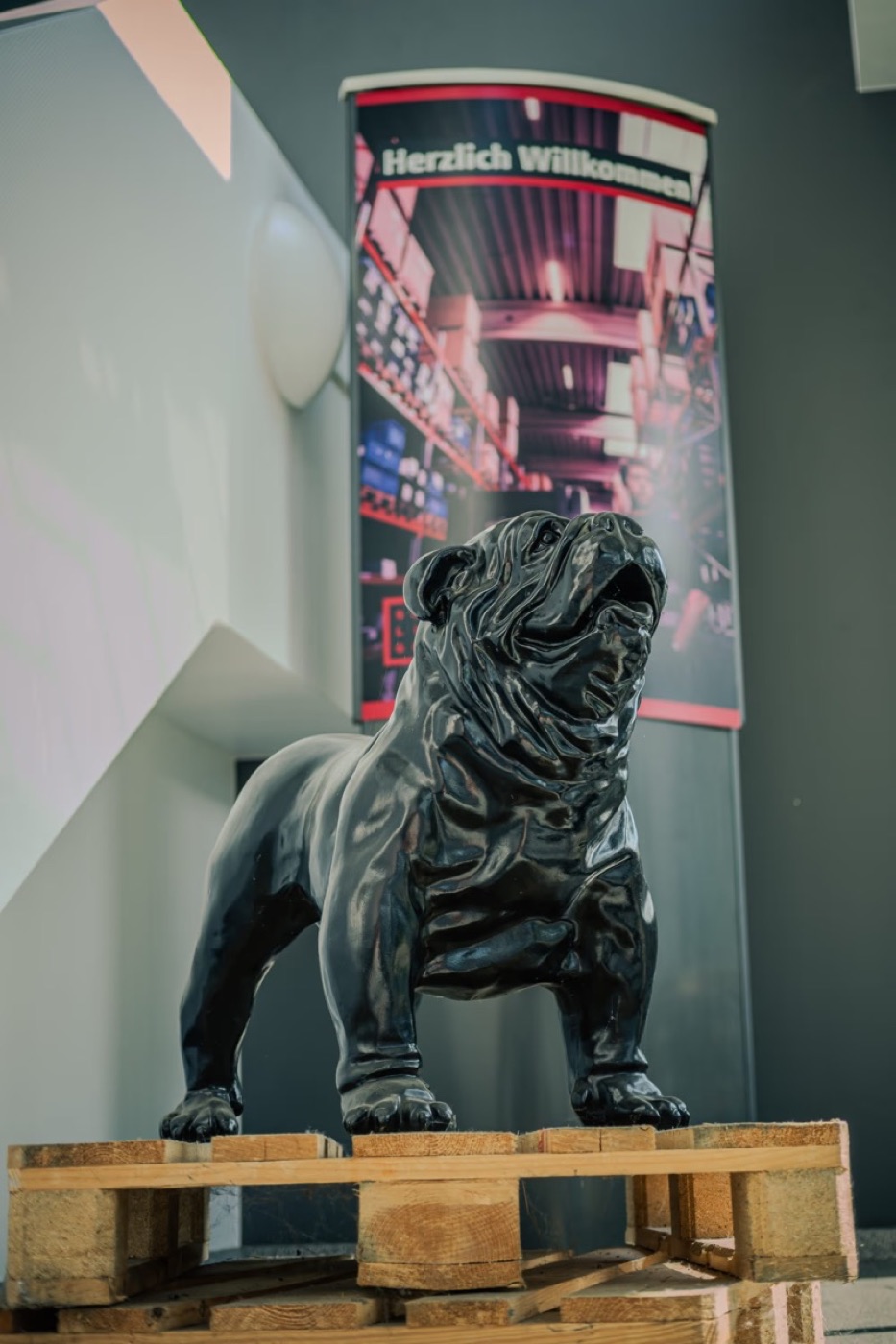 Bulldoggen-Skulptur auf einer Palette im Eingangsbereich