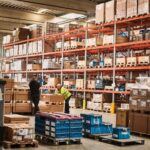 Kollege in Warnweste an den Regalen im Lager